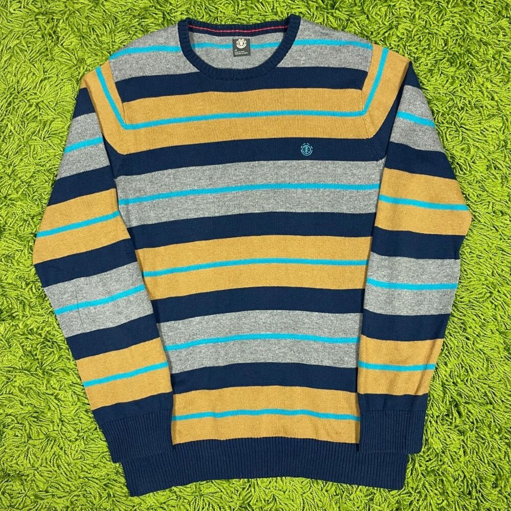 Vintage Element Striped Color Block Lightweight Knit Sweater Tan Gray Blue Color